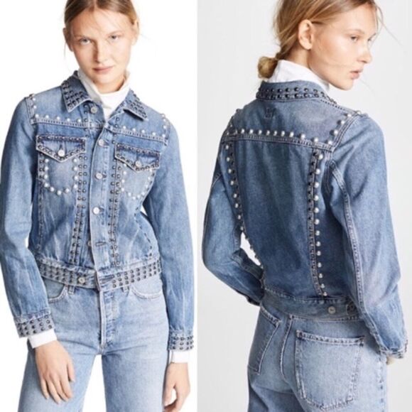 COH Cleo Embellished Studded Button Front Denim Jean Jacket Blue S - Picture 10 of 14